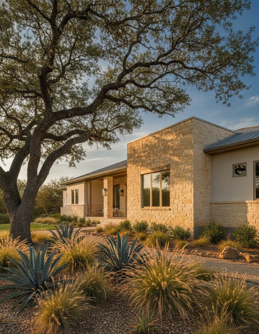 Limestone Texas home at golden hour with agave and native grasses