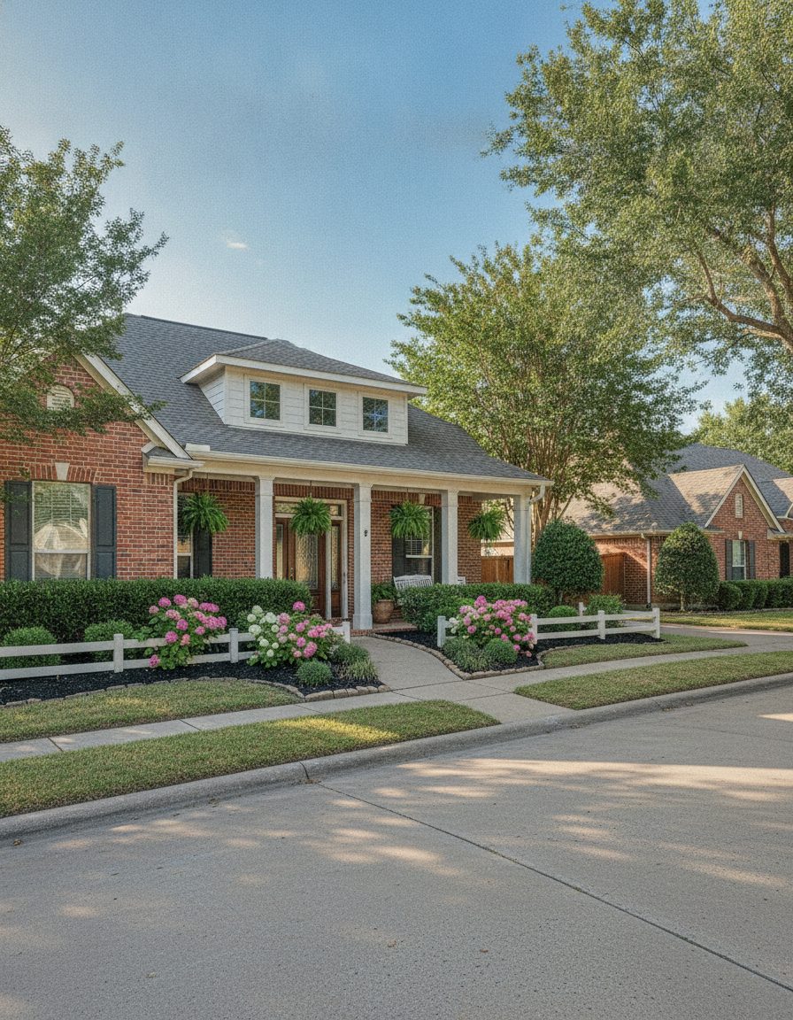Brick Round Rock home with a covered front porch and flowering garden