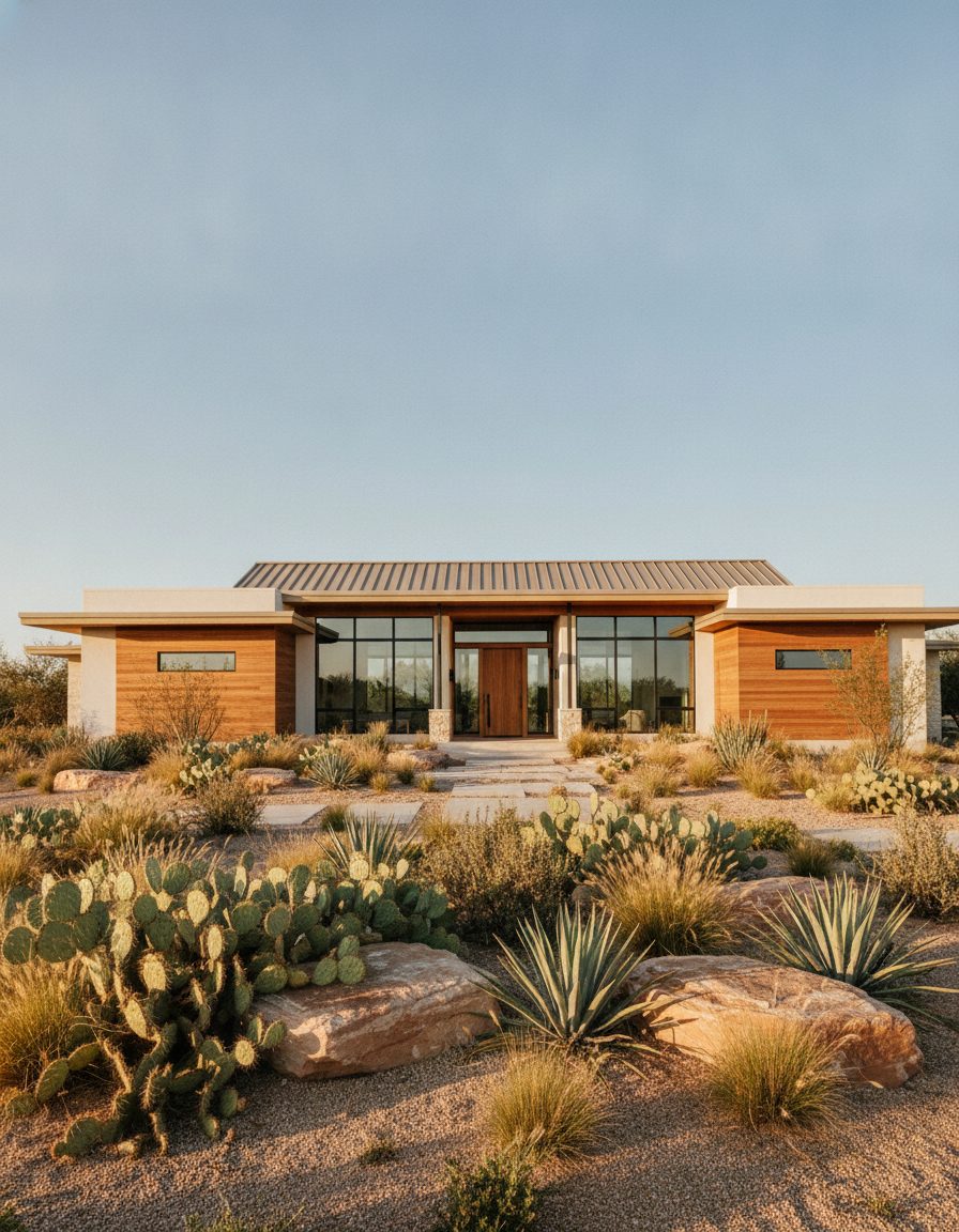 Modern Texas ranch home with large windows and desert xeriscape landscaping