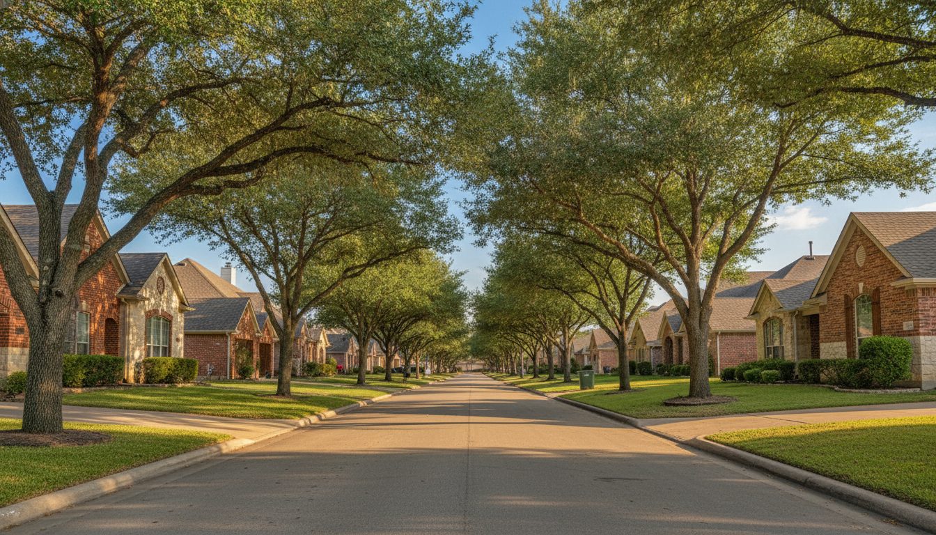 Tree-lined Central Texas residential street with brick and stone family homes